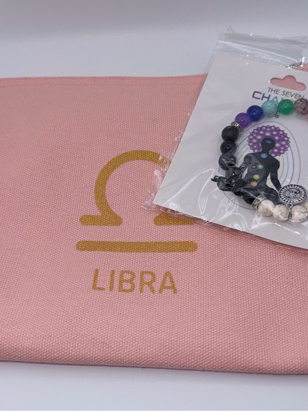 Zodiac Pink Canvas Libra Pouch with Gold Print and Multicolor Bead Bracelet